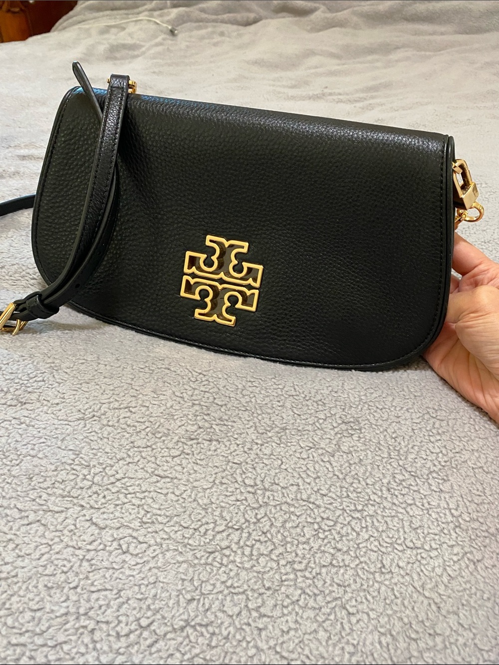 Tory Burch Black Pebbled Leather Crossbody with Gold Logo